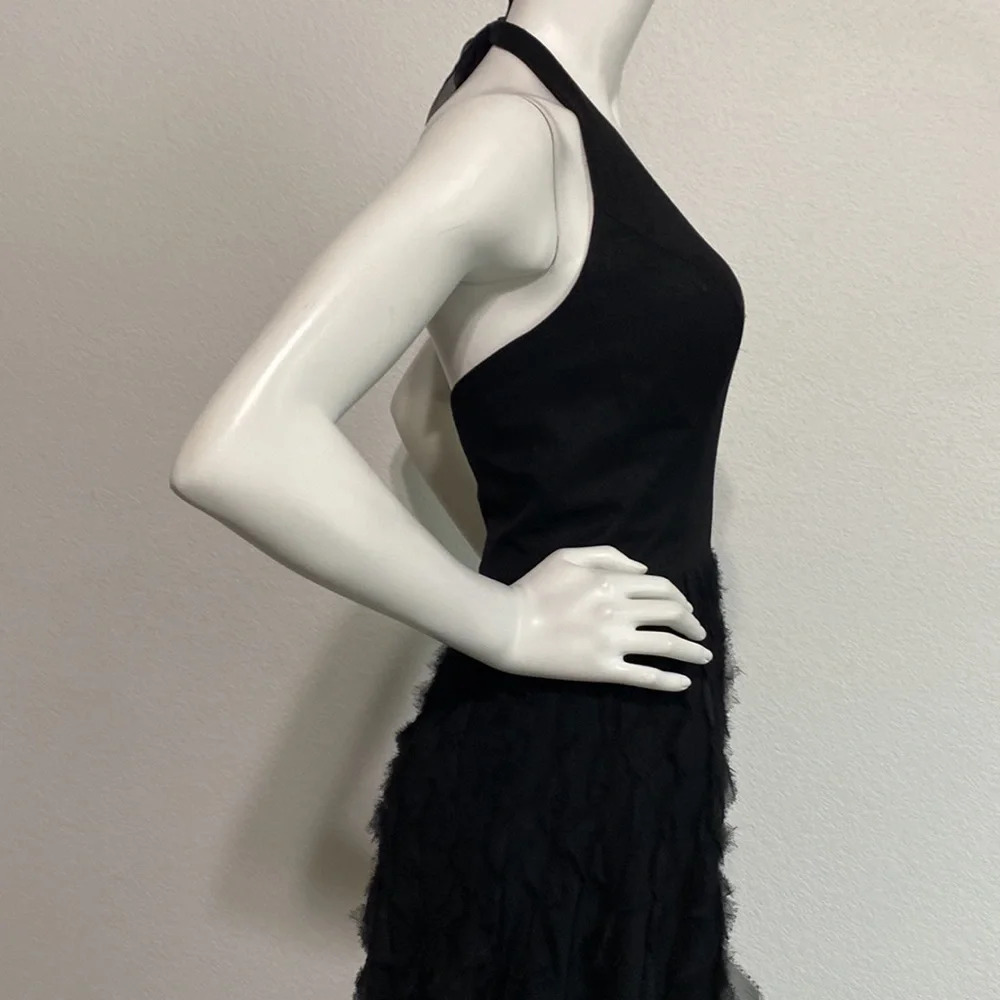 White House Black Market Black Silk Low Cut Ruffle Sleeveless Midi Dress Size M - Picture 7 of 9